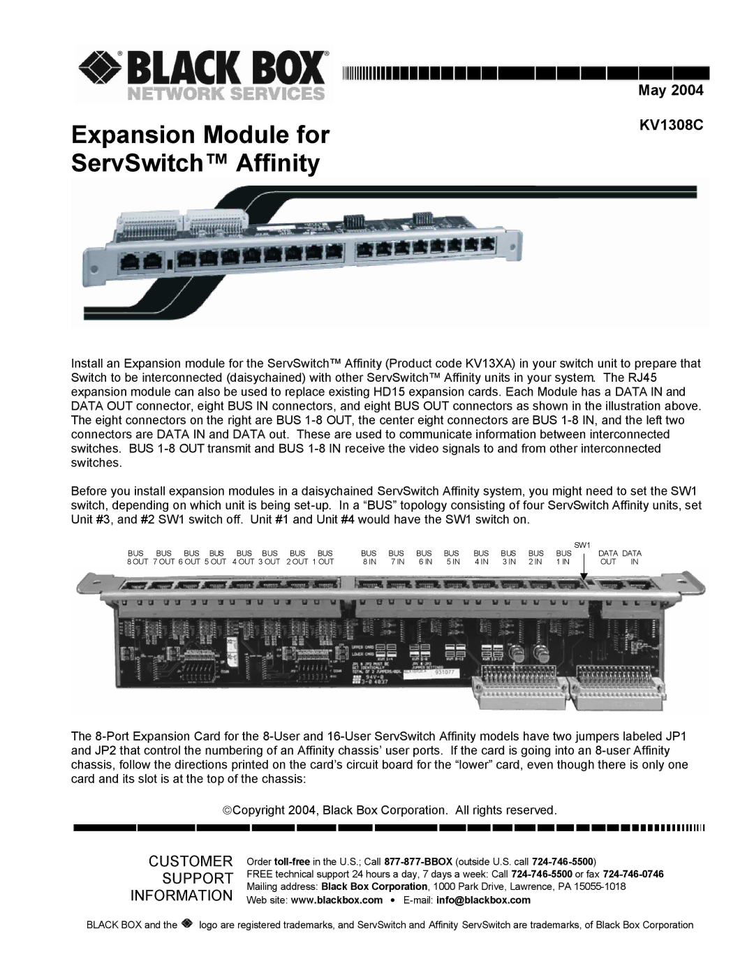 Black Box manual Expansion Module for ServSwitch Affinity, May KV1308C, Customer Support Information 