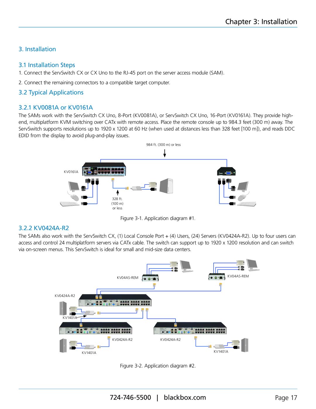 Black Box KV1402A, KV1401A Installation Installation Steps, Typical Applications 1 KV0081A or KV0161A, 2 KV0424A-R2 