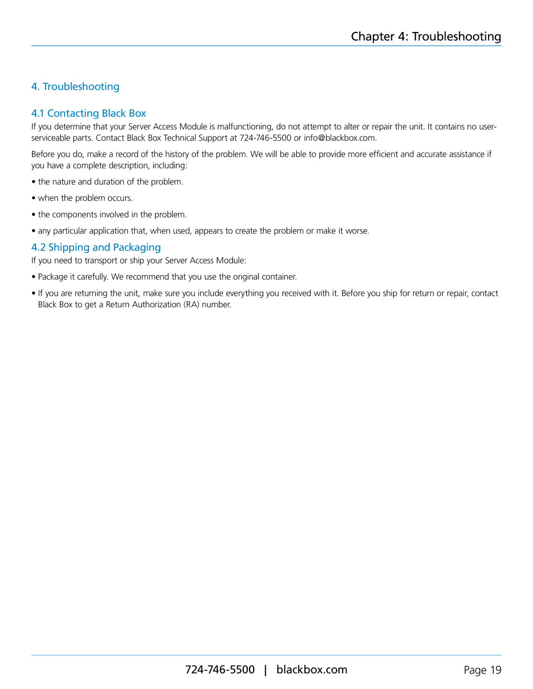 Black Box Server Access Modules (SAMs), KV1401A, KV1405A Troubleshooting Contacting Black Box, Shipping and Packaging 