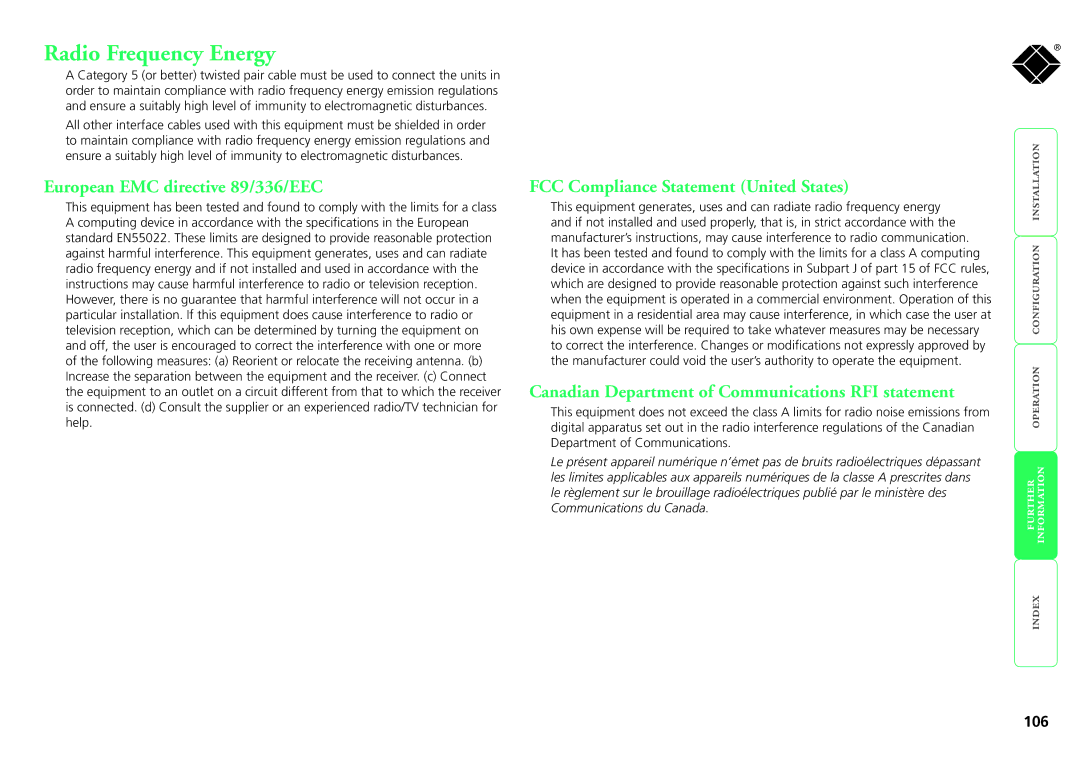 Black Box KV0416A-R2 Radio Frequency Energy, European EMC directive 89/336/EEC, FCC Compliance Statement United States 