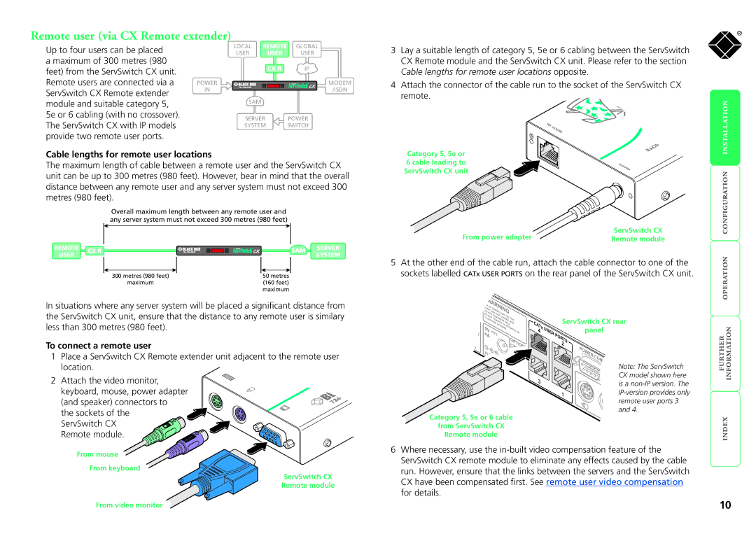 Black Box KV1416A-R2 Remote user via CX Remote extender, Cable lengths for remote user locations, To connect a remote user 