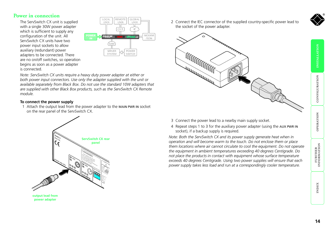 Black Box KV1424A-R2, KV1416A-R2, KV0416A-R2, KV0424A-R2, ServSwitch CX manual Power in connection, To connect the power supply 