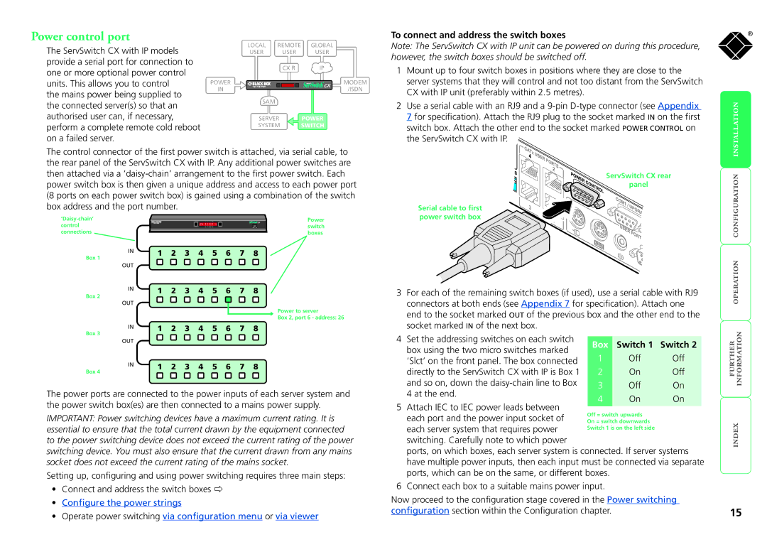 Black Box KV1416A-R2, KV1424A-R2, KV0416A-R2, KV0424A-R2 manual Power control port, To connect and address the switch boxes 