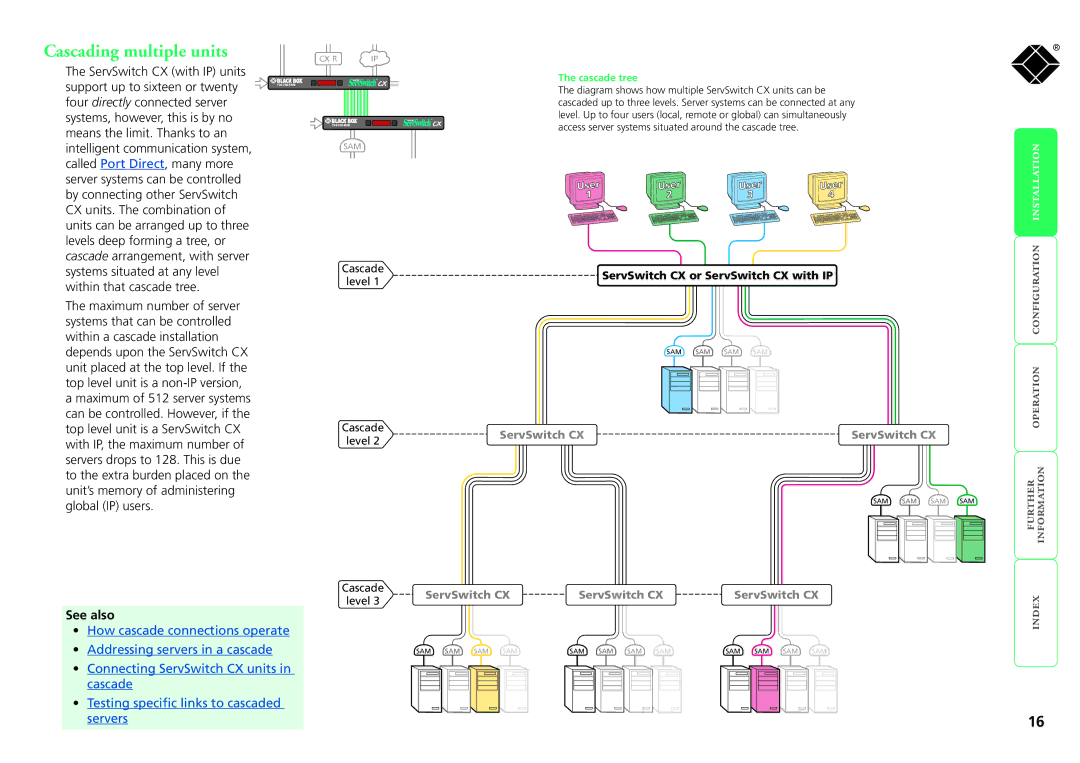 Black Box KV0416A-R2, KV1424A-R2, KV1416A-R2, KV0424A-R2, ServSwitch CX manual Cascading multiple units, See also 