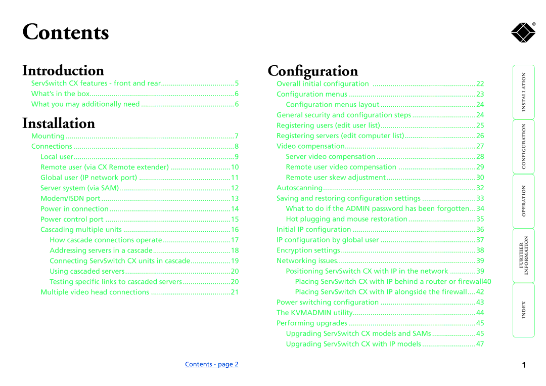 Black Box KV0416A-R2, KV1424A-R2, KV1416A-R2, KV0424A-R2, ServSwitch CX manual Contents 