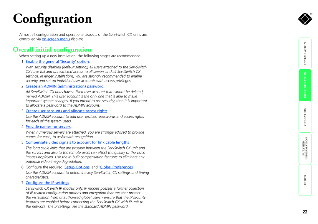 Black Box KV0424A-R2, KV1424A-R2, KV1416A-R2, KV0416A-R2, ServSwitch CX manual Overall initial configuration 