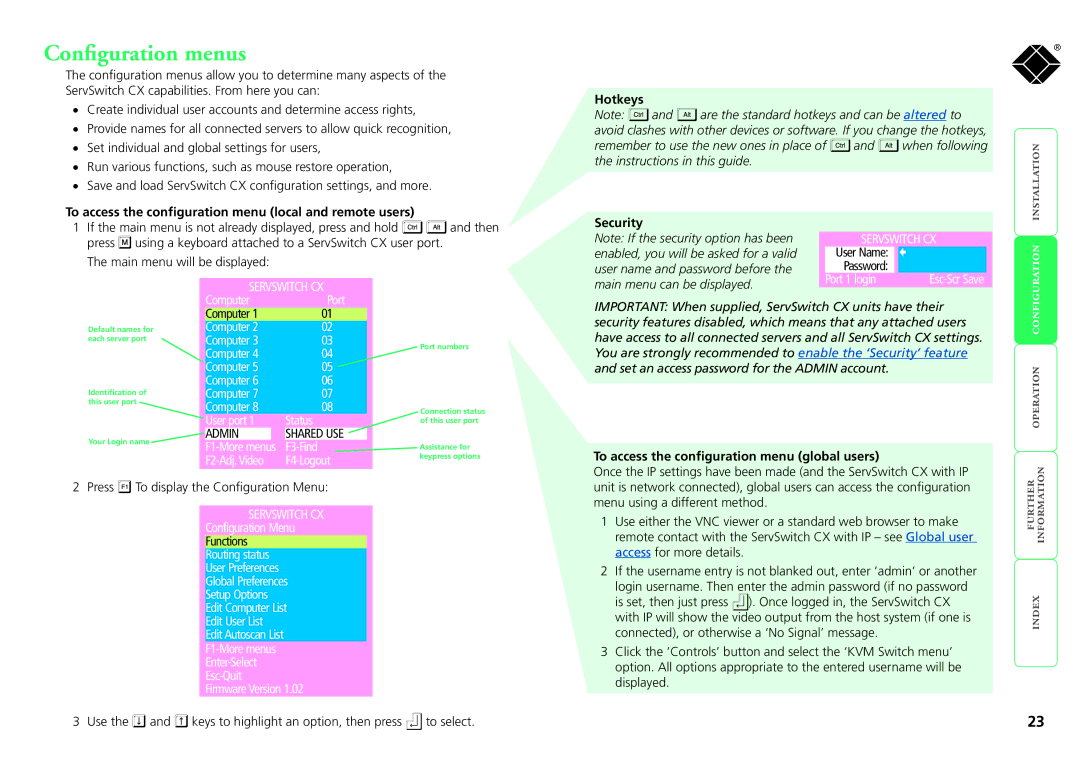 Black Box ServSwitch CX Configuration menus, Hotkeys, To access the configuration menu local and remote users, Security 