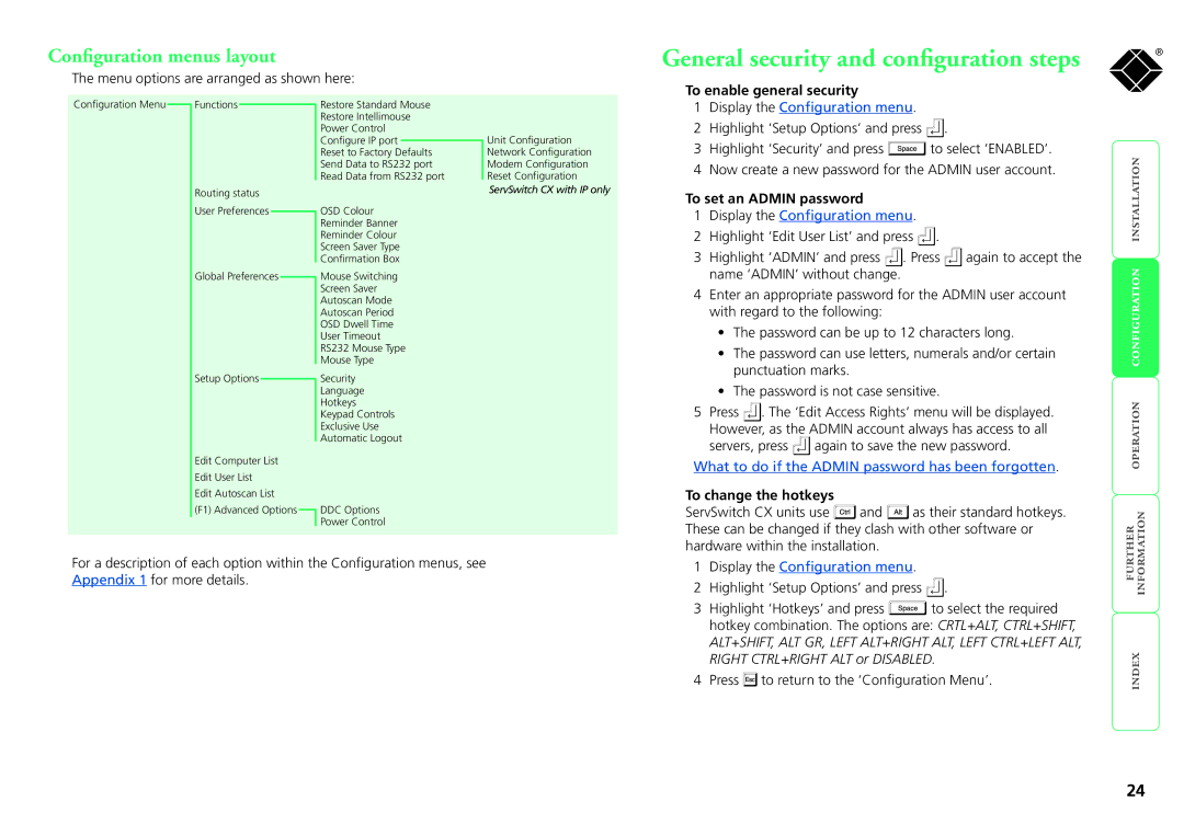 Black Box KV1424A-R2 General security and configuration steps, Configuration menus layout, To enable general security 