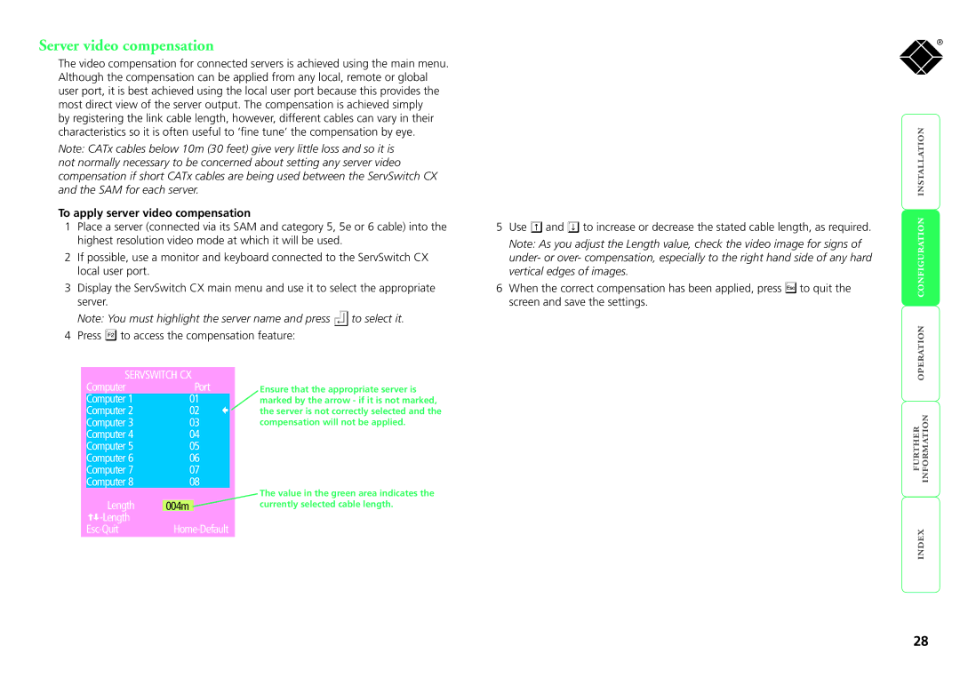 Black Box ServSwitch CX manual Server video compensation, To apply server video compensation, Vertical edges of images 