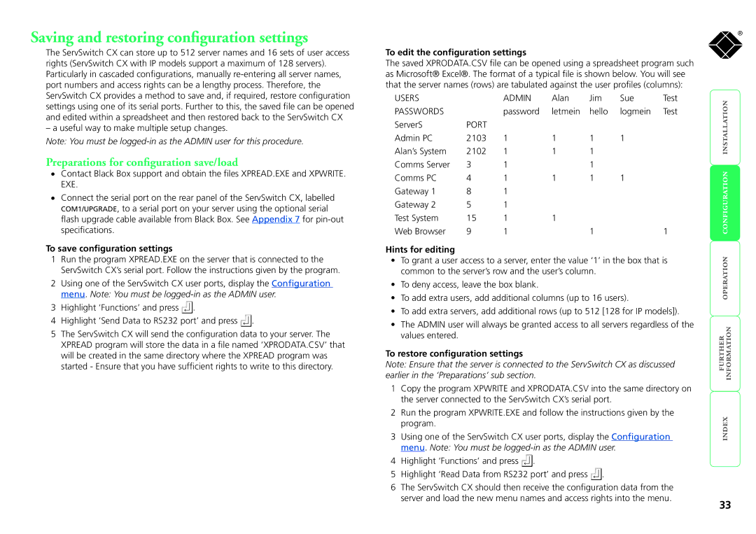 Black Box ServSwitch CX, KV1424A-R2 Saving and restoring configuration settings, Preparations for configuration save/load 