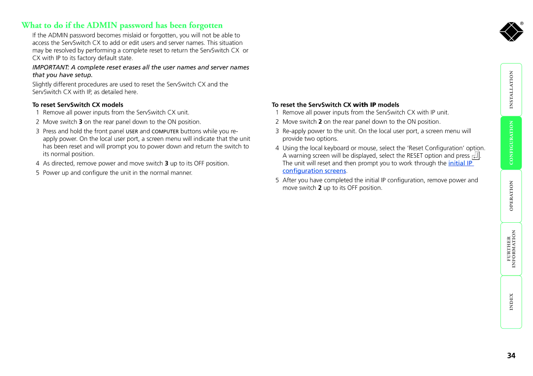 Black Box KV1424A-R2, KV1416A-R2 manual What to do if the Admin password has been forgotten, To reset ServSwitch CX models 