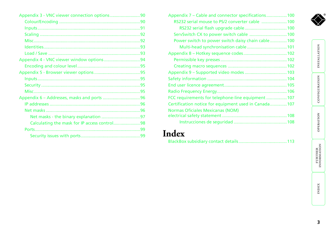 Black Box ServSwitch CX, KV1424A-R2, KV1416A-R2, KV0416A-R2, KV0424A-R2 manual Index 