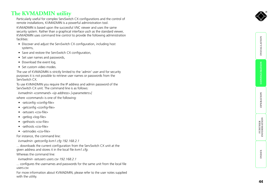 Black Box KV1424A-R2, KV1416A-R2 Kvmadmin utility, Kvmadmin command ip address parameters, Kvmadmin -getconfig kvm1.cfg 