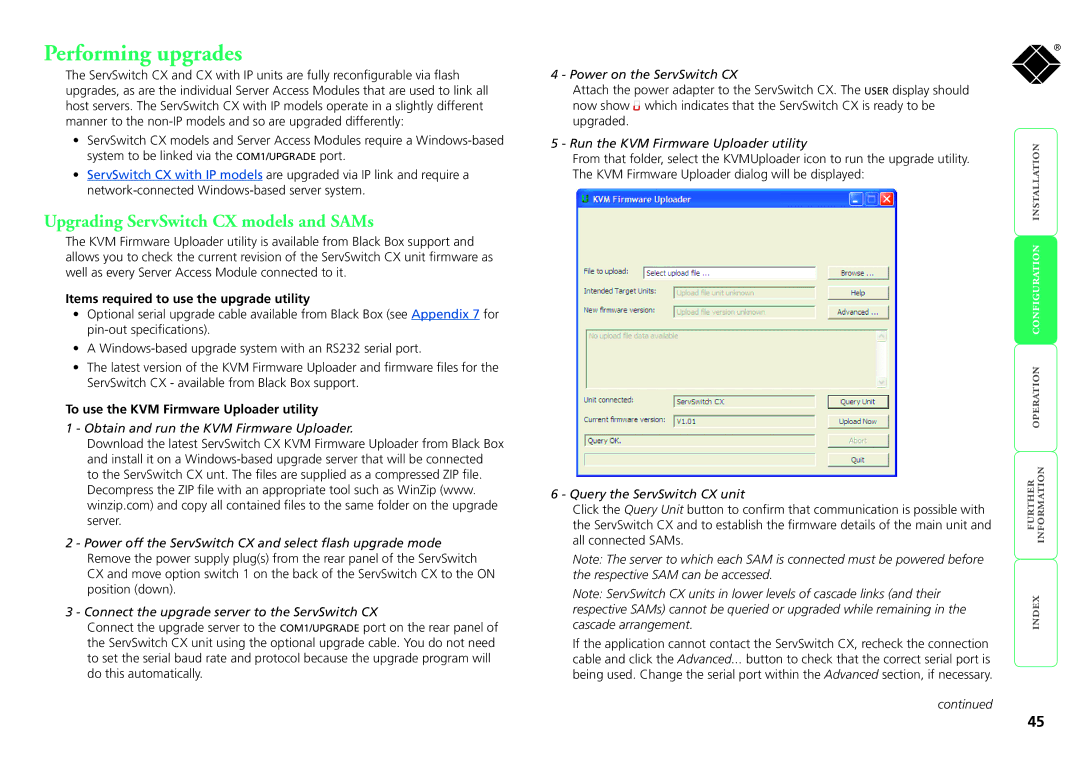 Black Box KV1416A-R2, KV1424A-R2, KV0416A-R2, KV0424A-R2 manual Performing upgrades, Upgrading ServSwitch CX models and SAMs 