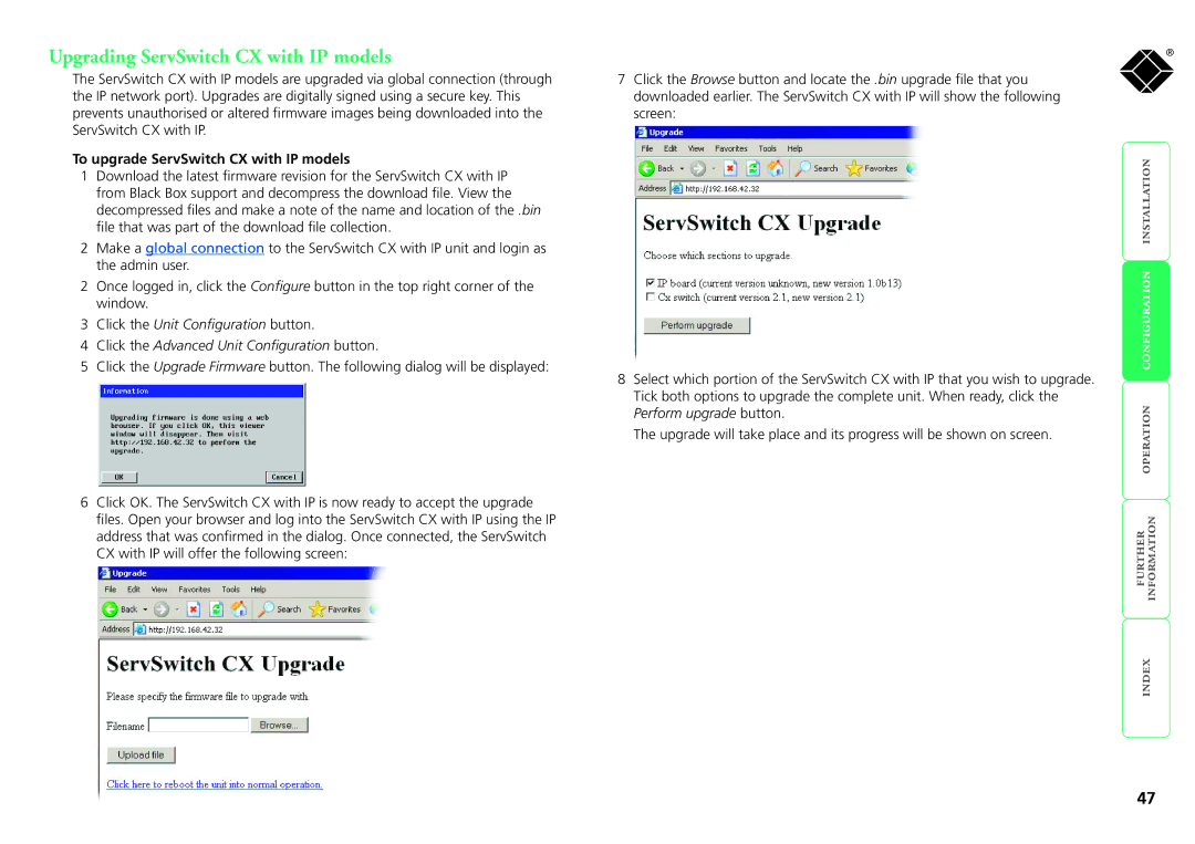 Black Box KV0424A-R2, KV1424A-R2 manual Upgrading ServSwitch CX with IP models, To upgrade ServSwitch CX with IP models 