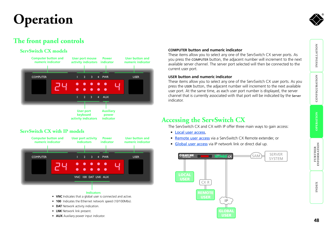 Black Box Front panel controls, ServSwitch CX models, ServSwitch CX with IP models, User button and numeric indicator 