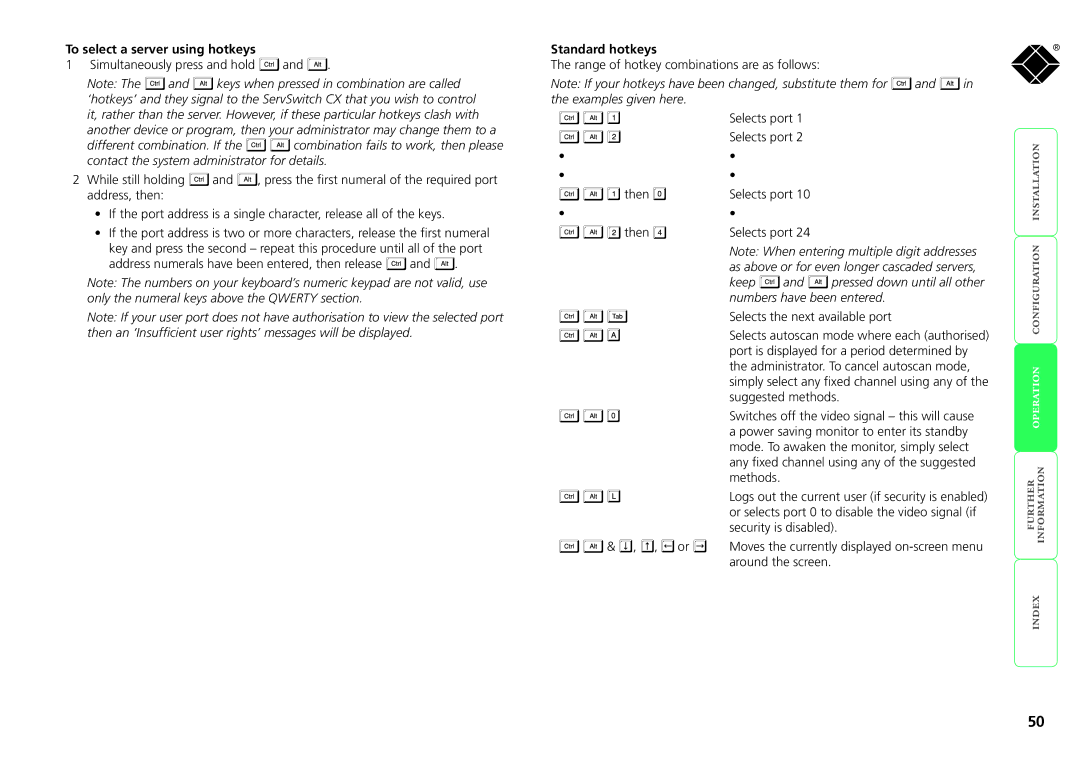 Black Box KV1416A-R2, KV1424A-R2, KV0416A-R2, KV0424A-R2, ServSwitch CX To select a server using hotkeys, Standard hotkeys 