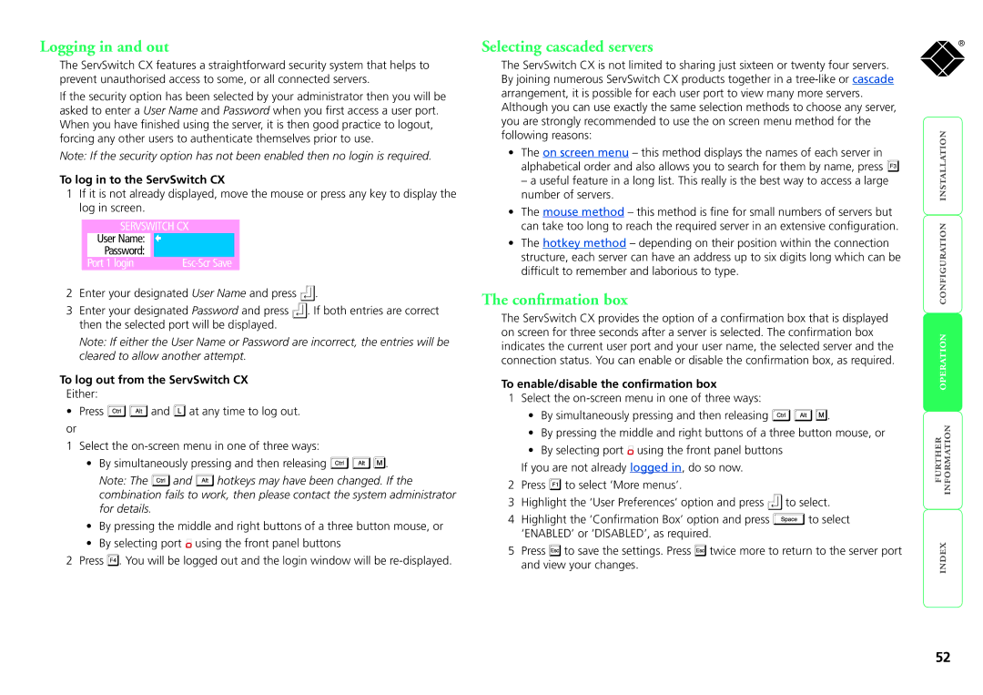 Black Box KV0424A-R2, KV1424A-R2, KV1416A-R2, KV0416A-R2 Logging in and out, Selecting cascaded servers, Confirmation box 