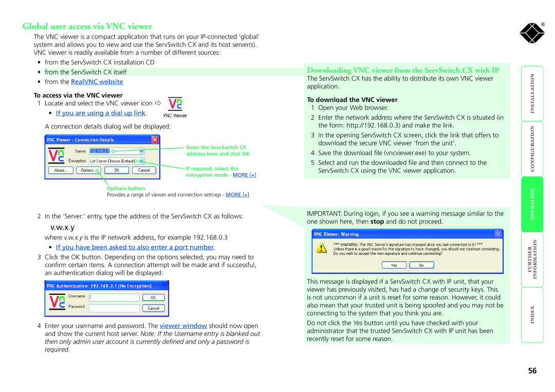 Black Box KV0416A-R2 manual Global user access via VNC viewer, To access via the VNC viewer, To download the VNC viewer 