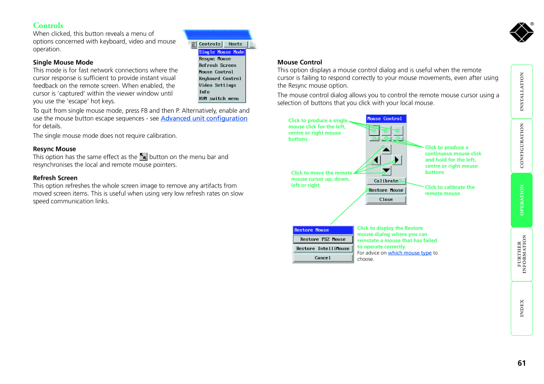 Black Box KV0416A-R2, KV1424A-R2, KV1416A-R2 manual Controls, Single Mouse Mode, Mouse Control, Resync Mouse, Refresh Screen 