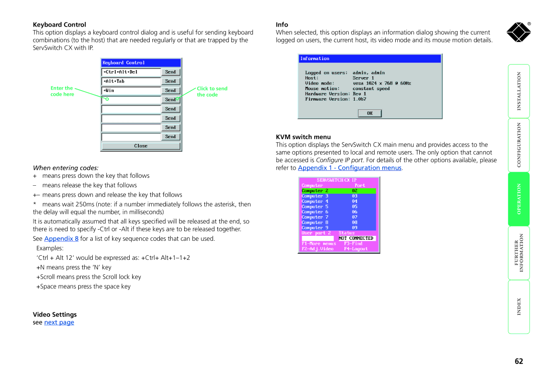 Black Box KV0424A-R2, KV1424A-R2, KV1416A-R2 Keyboard Control Info, KVM switch menu, When entering codes, Video Settings 