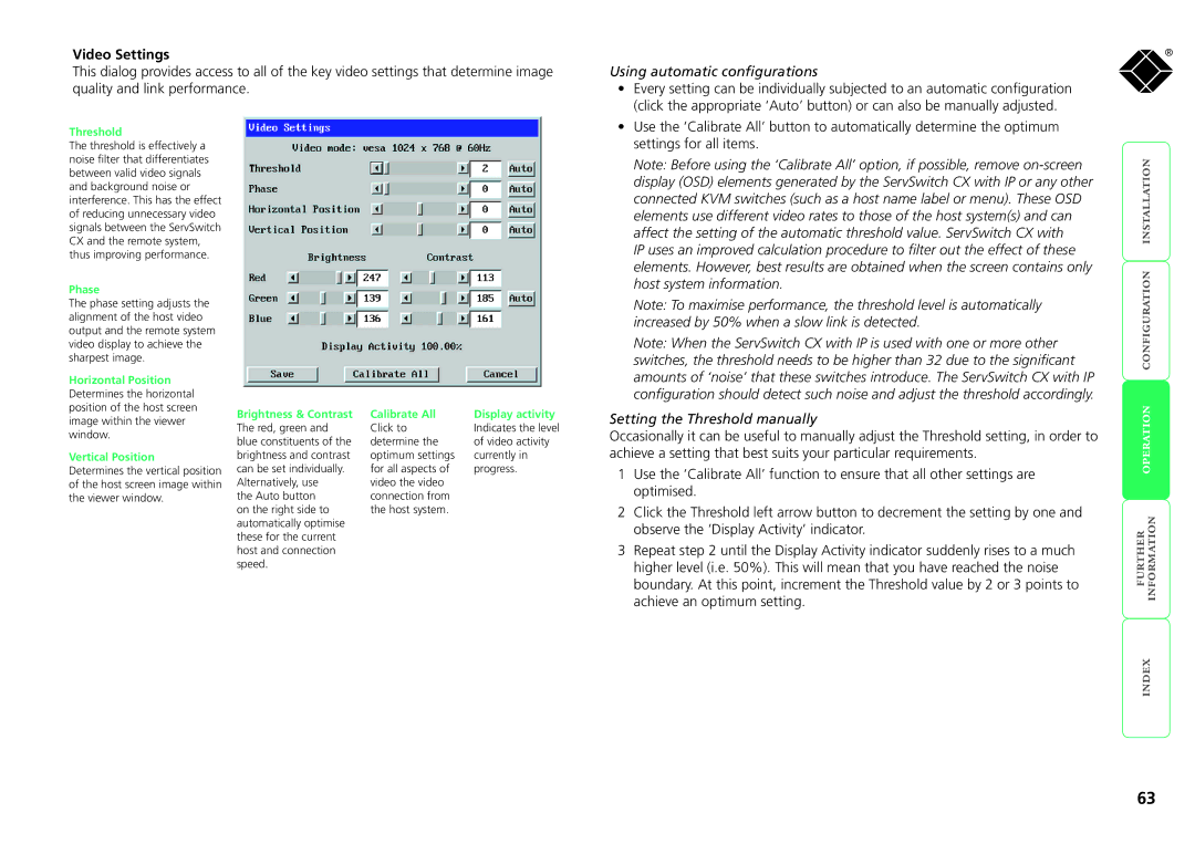 Black Box ServSwitch CX Using automatic configurations, Host system information, Setting the Threshold manually 