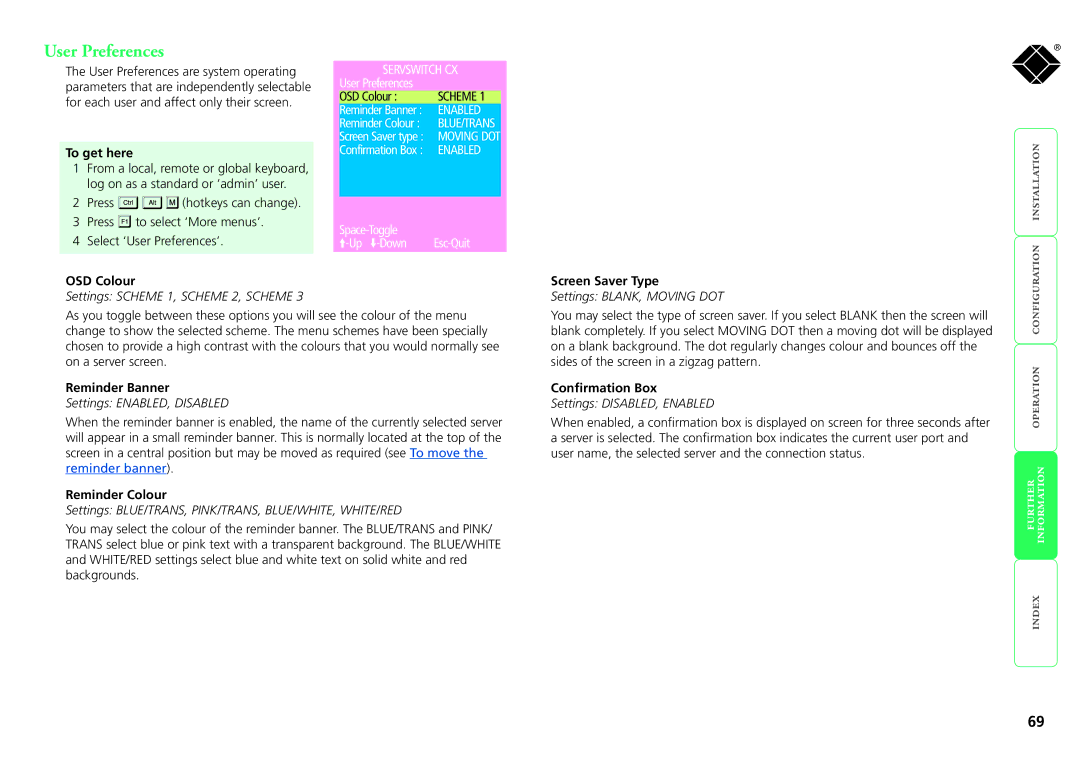 Black Box KV1424A-R2, KV1416A-R2 manual User Preferences, OSD Colour, Reminder Banner, Reminder Colour, Confirmation Box 