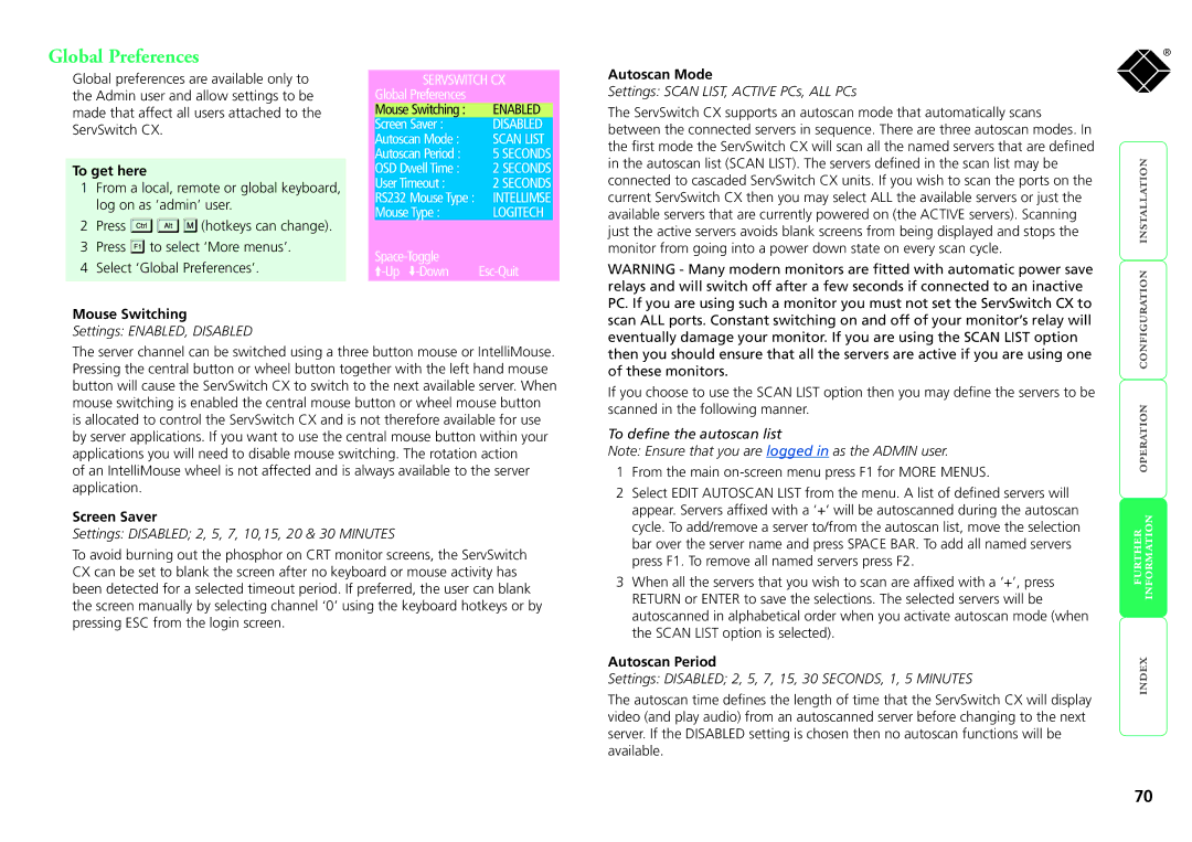 Black Box KV1416A-R2, KV1424A-R2 manual Global Preferences, Mouse Switching, Autoscan Mode, Screen Saver, Autoscan Period 