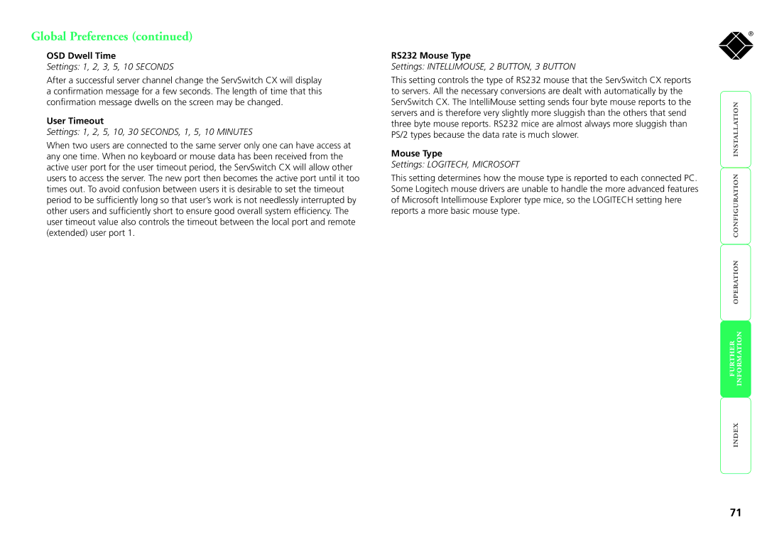 Black Box KV0416A-R2, KV1424A-R2, KV1416A-R2, KV0424A-R2, ServSwitch CX manual OSD Dwell Time, User Timeout, RS232 Mouse Type 