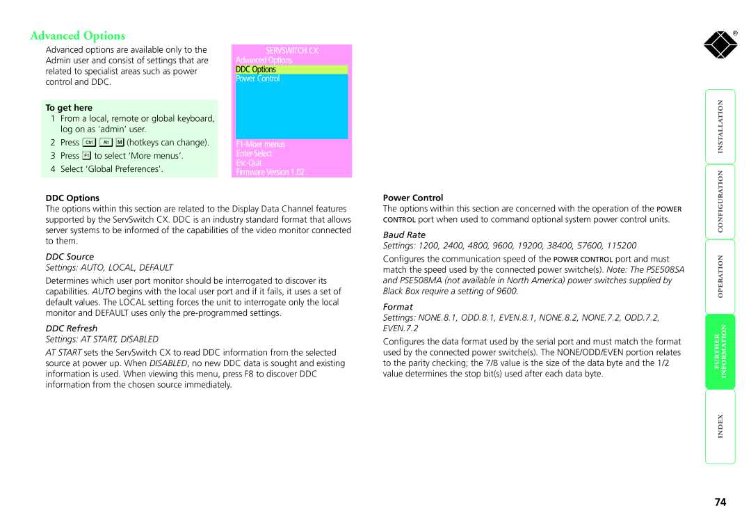 Black Box KV1424A-R2, KV1416A-R2, KV0416A-R2, KV0424A-R2, ServSwitch CX manual Advanced Options, DDC Options 
