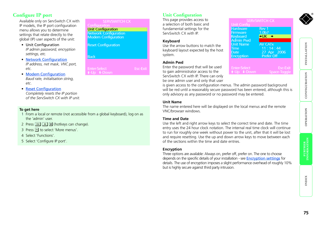 Black Box KV1416A-R2, KV1424A-R2, KV0416A-R2, KV0424A-R2, ServSwitch CX manual Configure IP port, Unit Configuration 