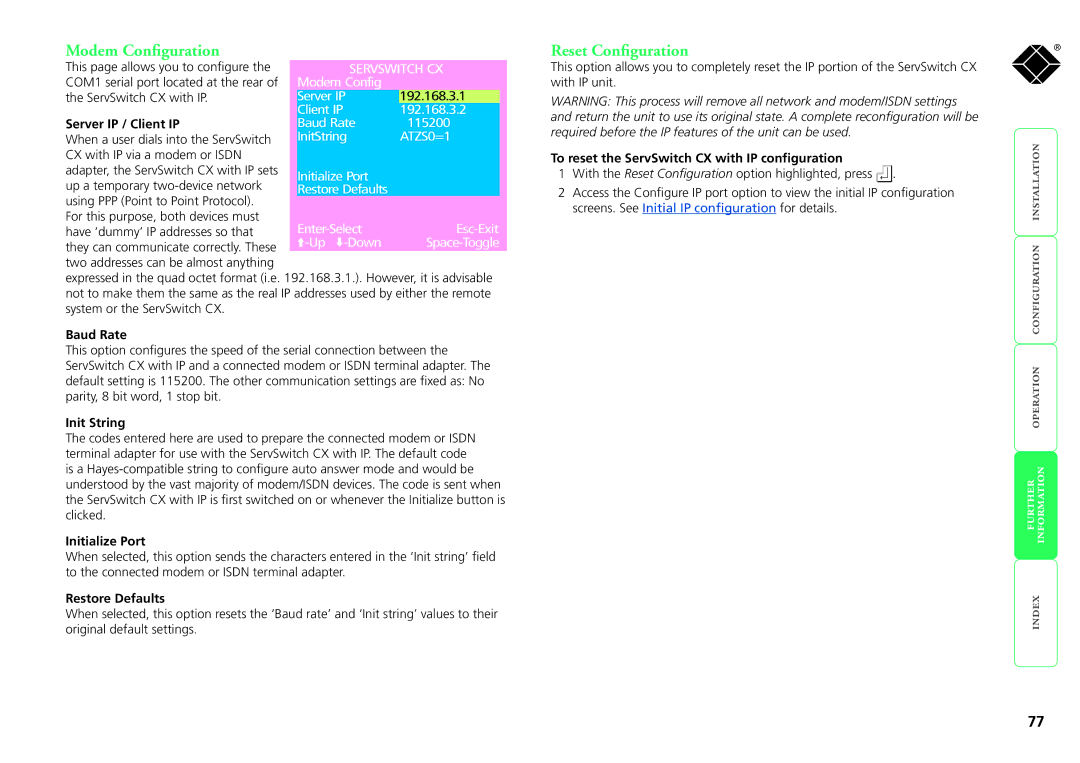 Black Box KV0424A-R2, KV1424A-R2, KV1416A-R2, KV0416A-R2, ServSwitch CX manual Modem Configuration, Reset Configuration 