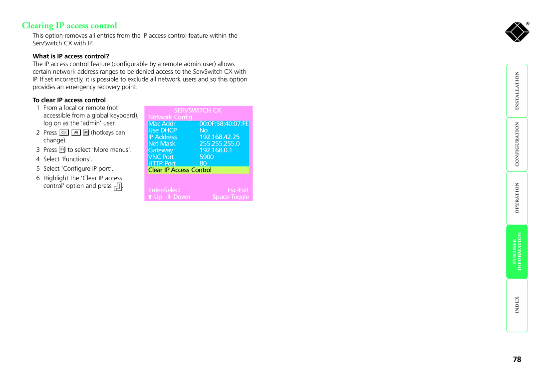 Black Box ServSwitch CX, KV1424A-R2 Clearing IP access control, What is IP access control?, To clear IP access control 