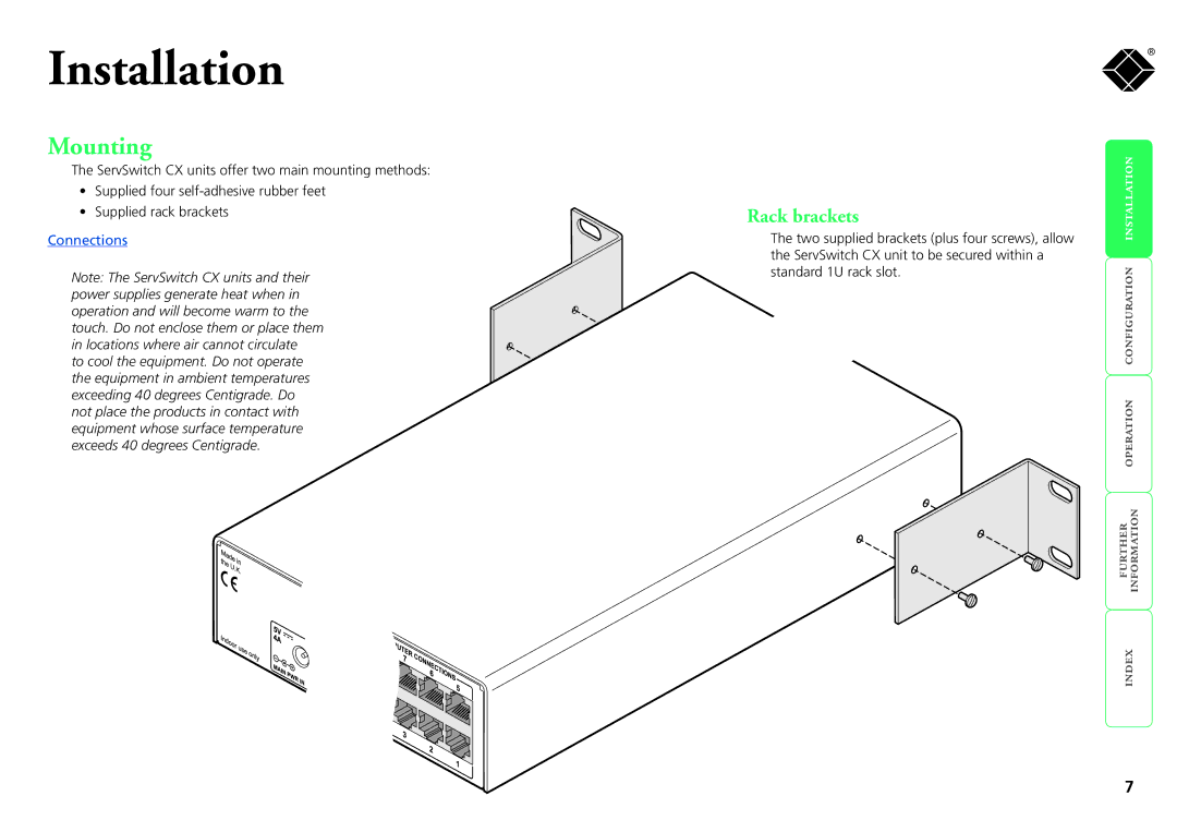 Black Box KV0424A-R2, KV1424A-R2, KV1416A-R2, KV0416A-R2, ServSwitch CX manual Mounting, Rack brackets, Connections 