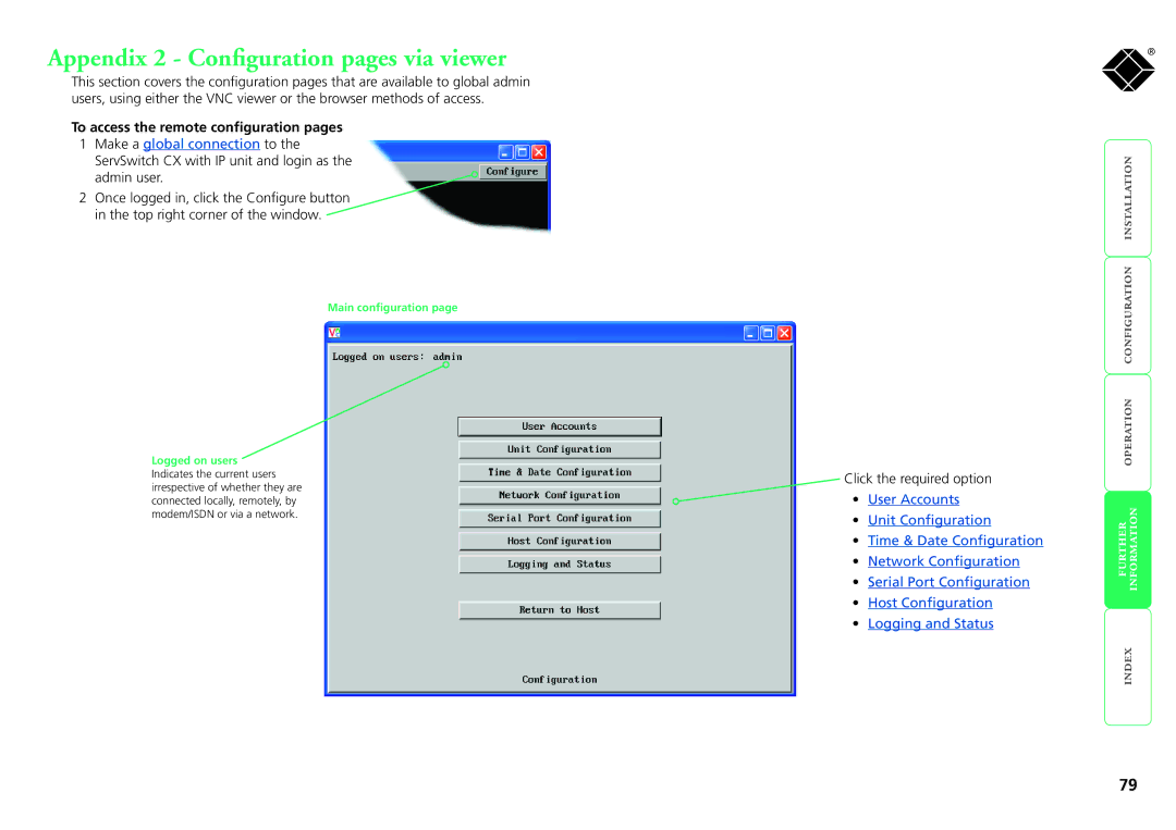 Black Box KV1424A-R2, KV1416A-R2 manual Appendix 2 Configuration pages via viewer, To access the remote configuration pages 