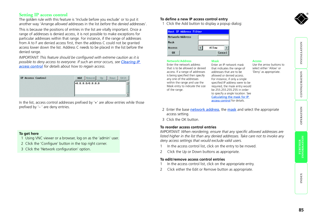 Black Box KV1416A-R2 Setting IP access control, To define a new IP access control entry, To reorder access control entries 