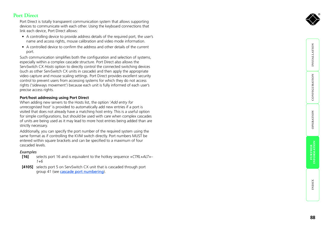 Black Box ServSwitch CX, KV1424A-R2, KV1416A-R2, KV0416A-R2, KV0424A-R2 Port/host addressing using Port Direct, Examples 