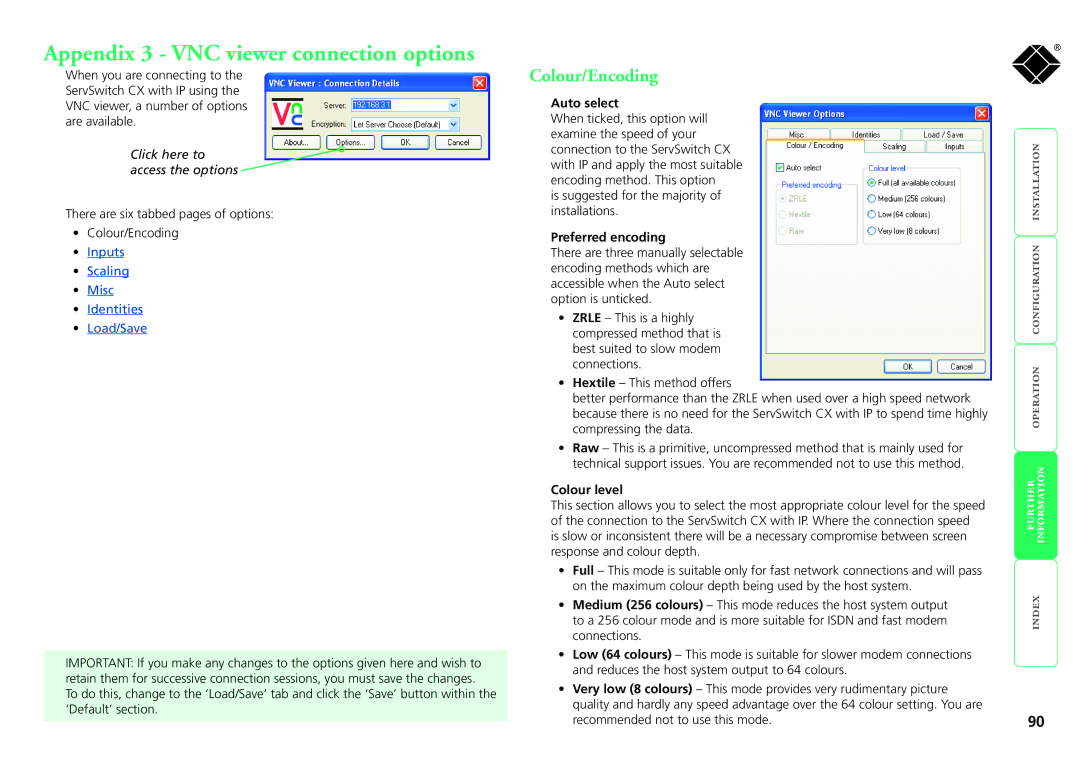 Black Box KV1416A-R2 manual Appendix 3 VNC viewer connection options, Colour/Encoding, Auto select, Preferred encoding 