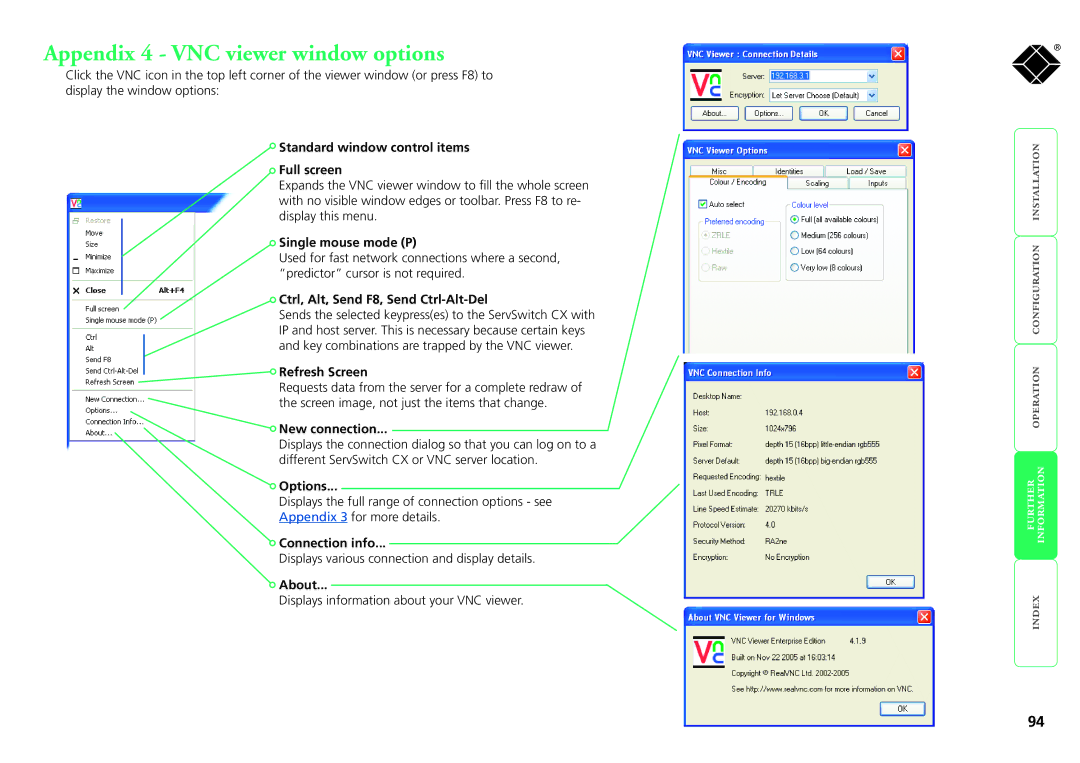 Black Box KV1424A-R2, KV1416A-R2, KV0416A-R2, KV0424A-R2, ServSwitch CX manual Appendix 4 VNC viewer window options 