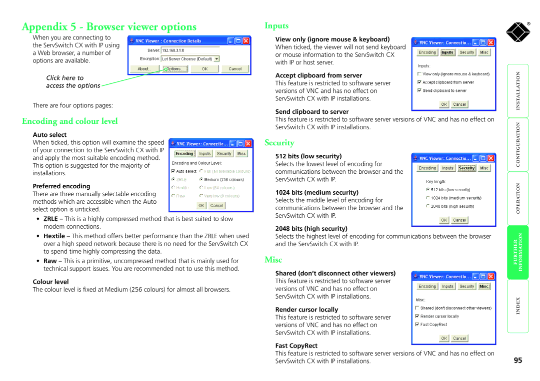 Black Box KV1416A-R2, KV1424A-R2, KV0416A-R2 manual Appendix 5 Browser viewer options, Encoding and colour level, Security 