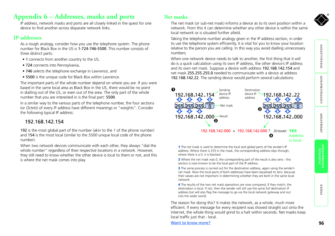 Black Box KV0416A-R2, KV1424A-R2 manual Appendix 6 Addresses, masks and ports, IP addresses, Net masks, Want to know more? 
