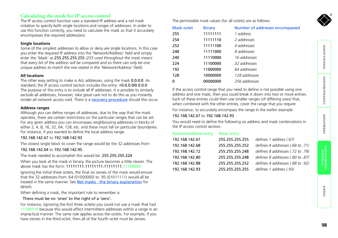 Black Box ServSwitch CX manual Calculating the mask for IP access control, Single locations, All locations, Address ranges 