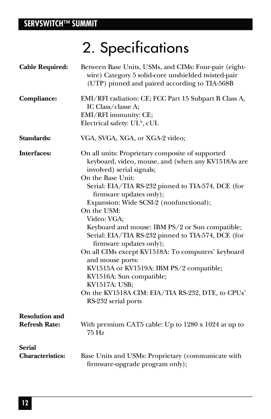 Black Box KV1500A manual Specifications, Resolution, Serial 