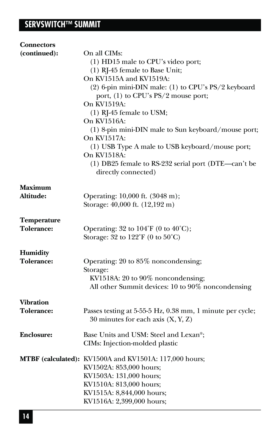 Black Box KV1500A Connectors, Maximum Altitude, Temperature Tolerance, Humidity Tolerance, Vibration Tolerance, Enclosure 