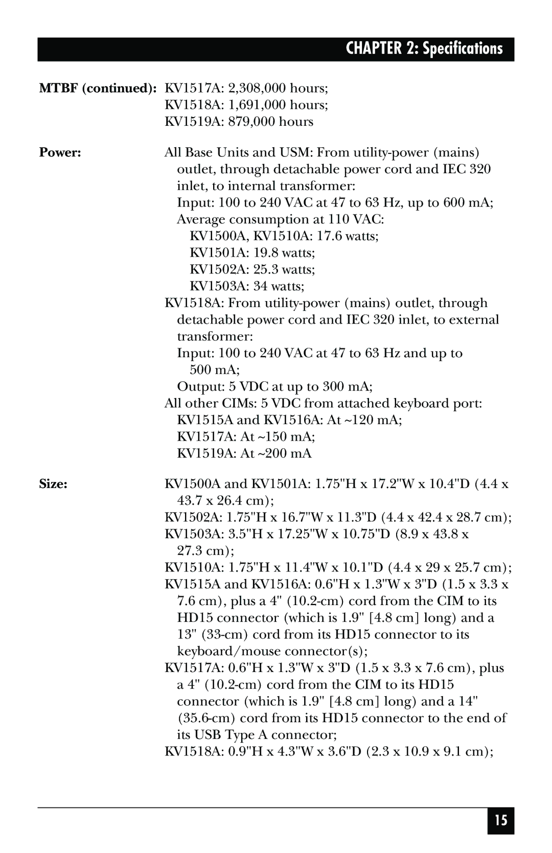 Black Box KV1500A manual Specifications 