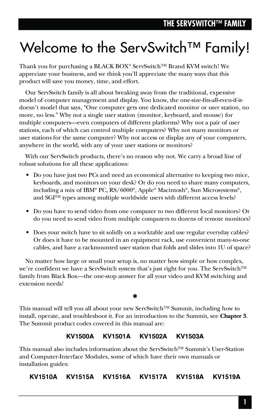 Black Box manual Welcome to the ServSwitch Family, KV1500A KV1501A KV1502A KV1503A 