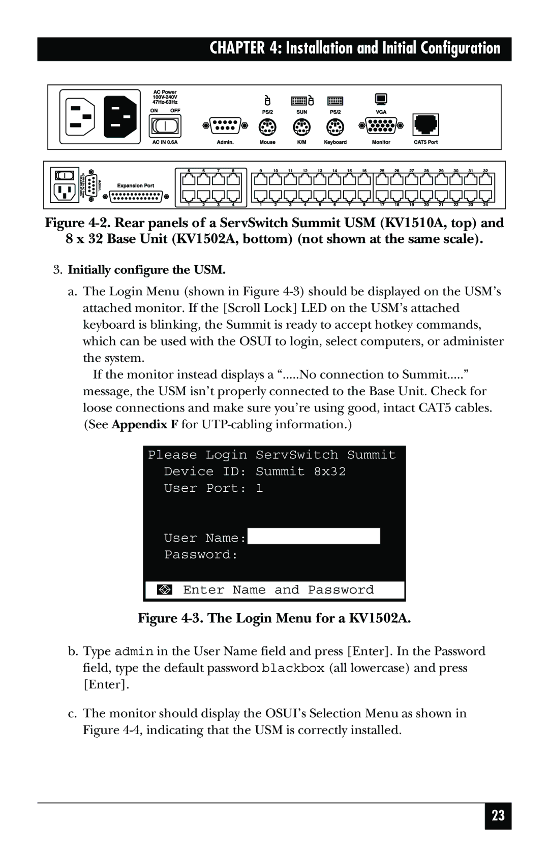 Black Box KV1500A manual Login Menu for a KV1502A, Initially configure the USM 