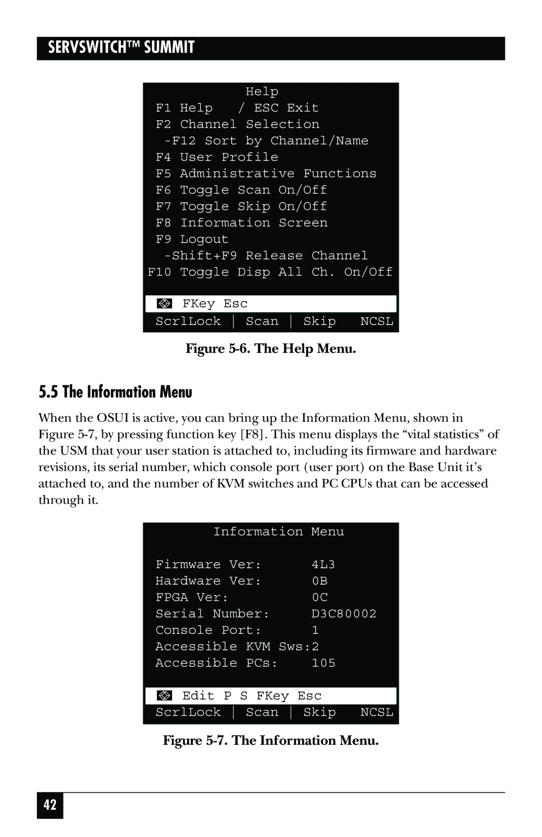 Black Box KV1500A manual Information Menu, Help Menu 