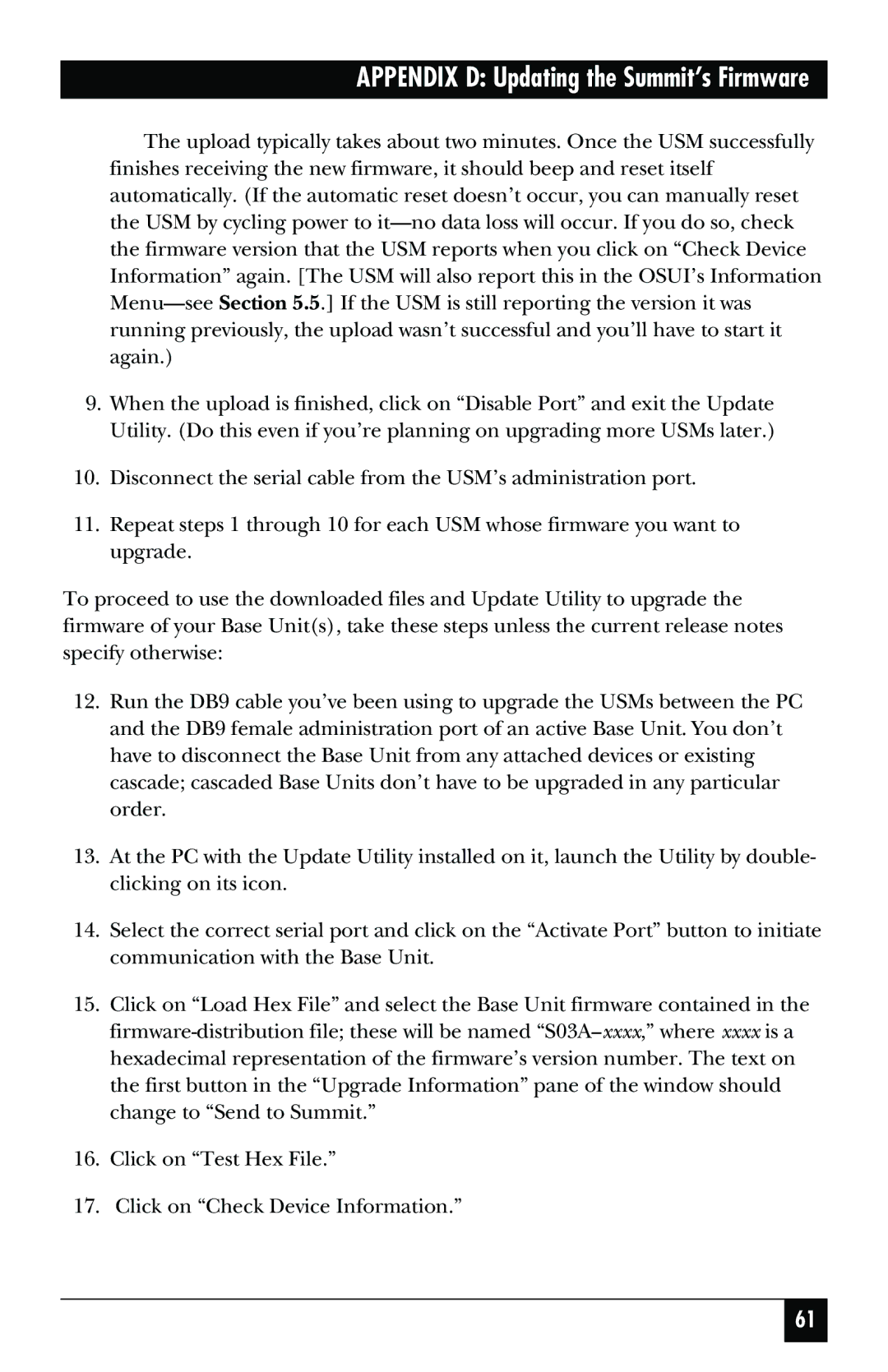 Black Box KV1500A manual Appendix D Updating the Summit’s Firmware 