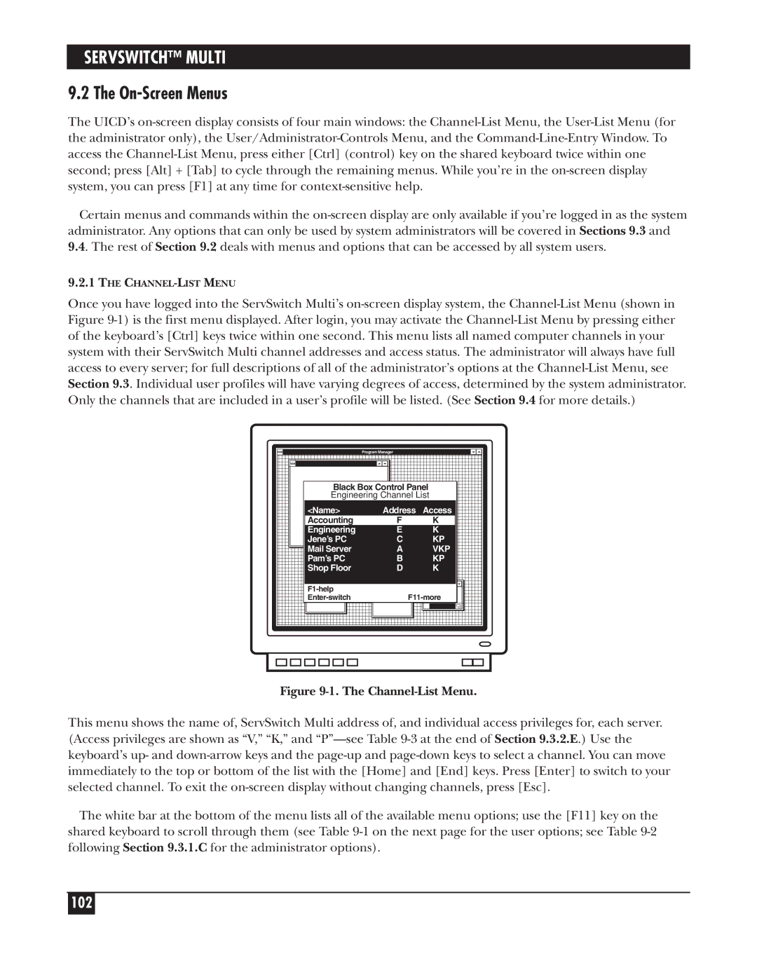 Black Box KV150A-R2 manual On-Screen Menus, Channel-List Menu 